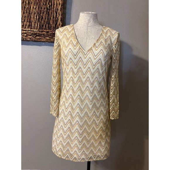 Lilly Pulitzer Dress S Small Gold Stretch 3/4 Sleeve Shift Party Cruise Holiday - Picture 3 of 13